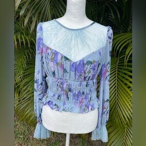 Free People Baby Blue Daphne Sheer Paneled Blouse Size Small
